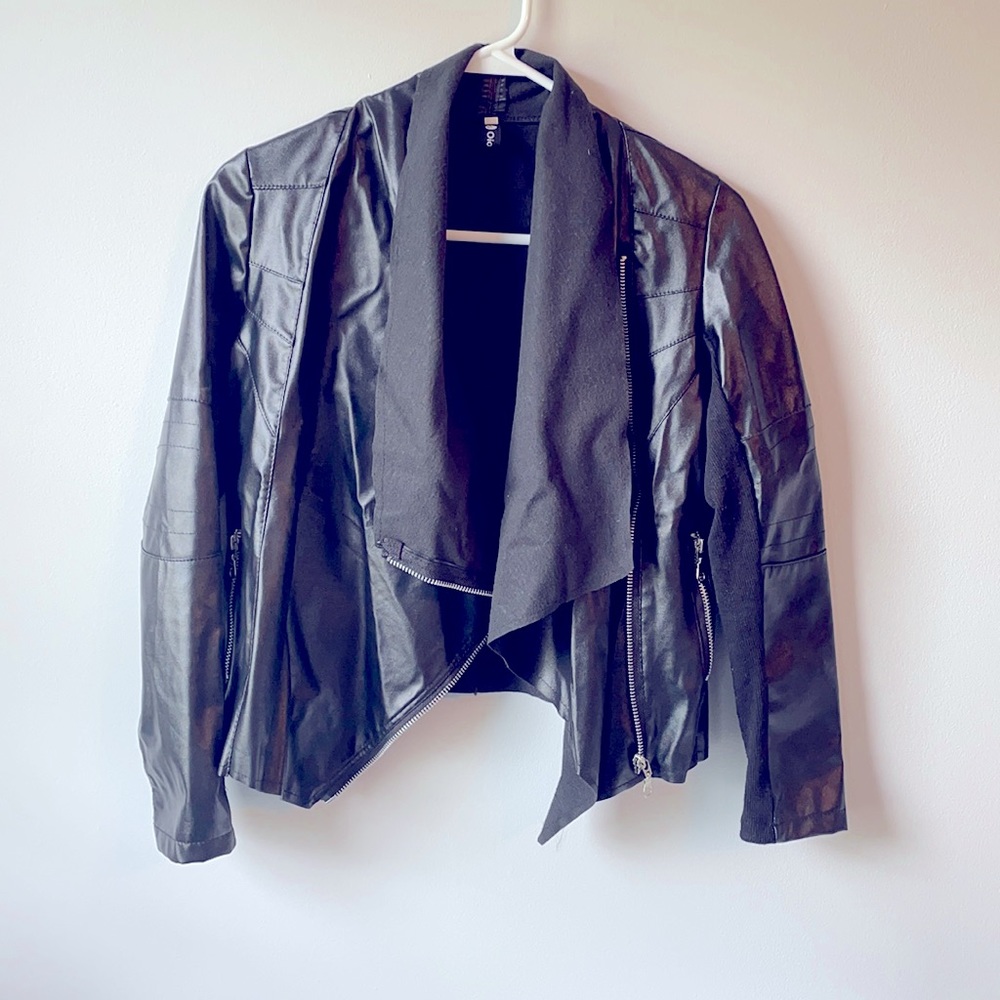 Black faux leather jacket.